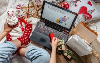 Christmas holidays, online shopping at home and lockdown coronavirus.Christmas online shopping, black friday sale and discounts promotions during the Xmas.
